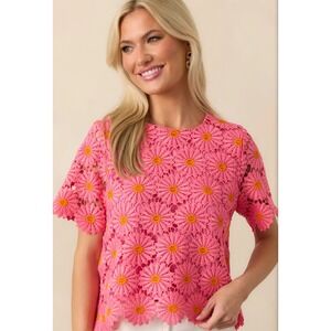LoveWednesday Pink Daisy Lace Bow Back Top Short Sleeve Floral Blouse‎  L